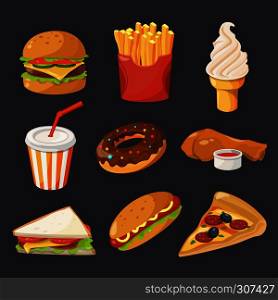 Fast food illustration in cartoon style. Pictures of burger, cold drinks, tacos and hotdog. Hamburger and hot dog, fastfood and drink lunch vector. Fast food illustration in cartoon style. Pictures of burger, cold drinks, tacos and hotdog