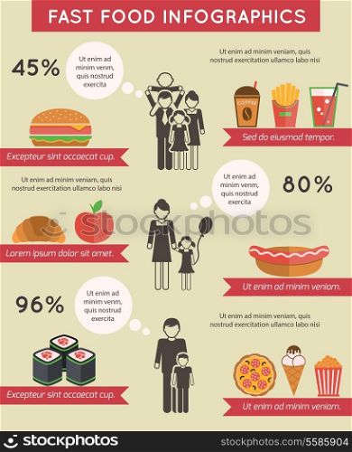 Fast food infographic flat icons set of pizza chocolate apple spaghetti isolated vector illustration