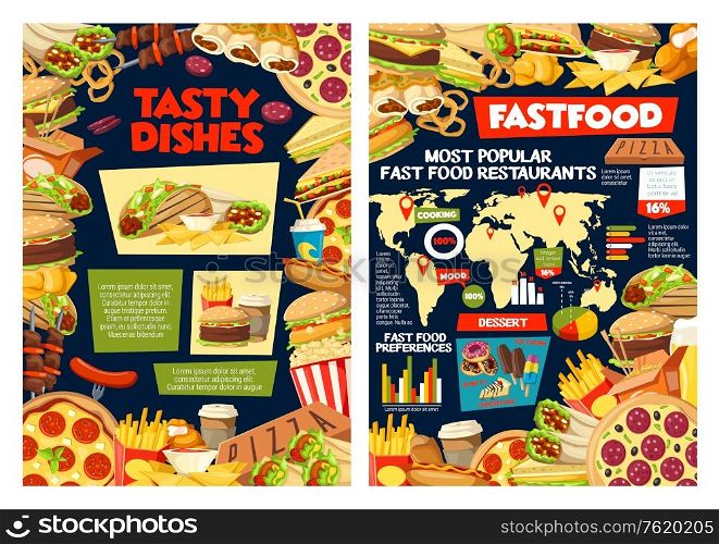 Fast food infographic, popular fastfood restaurants on world map and sandwiches preference percent. Vector pizza delivery and burgers take away charts and street food snacks facts diagrams. Fast food infographic, burger diagrams and charts