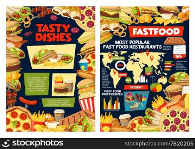 Fast food infographic, popular fastfood restaurants on world map and sandwiches preference percent. Vector pizza delivery and burgers take away charts and street food snacks facts diagrams. Fast food infographic, burger diagrams and charts