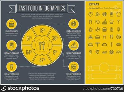 Fast food infographic template and elements. The template includes the following set of icons - noodles, hotdog, barbecue, burger with soda, hot meal, popcorn and more. Modern minimalistic flat thin line vector design. Yellow background with black line elements.. Fast Food Line Design Infographic Template