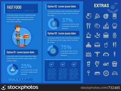 Fast food infographic template, elements and icons. Infograph includes customizable graphs, charts, line icon set with fast food, a piece of pizza, sweet snacks, restaurant meal, unhealthy meal etc.. Fast food infographic template and elements.