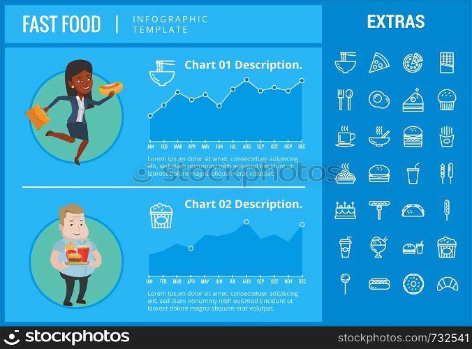 Fast food infographic template, elements and icons. Infograph includes customizable graphs, charts, line icon set with fast food, a piece of pizza, sweet snacks, restaurant meal, unhealthy meal etc.. Fast food infographic template and elements.