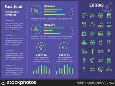 Fast food infographic template, elements and icons. Infograph includes customizable graphs, four options, line icon set with fast food, a piece of pizza, snacks, restaurant meal, unhealthy meal etc.. Fast food infographic template and elements.