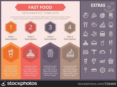 Fast food infographic timeline template, elements and icons. Infograph includes numbered options, line icon set with fast food, a piece of pizza, sweet snacks, restaurant meal, unhealthy meal etc.. Fast food infographic template and elements.