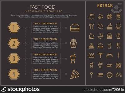 Fast food infographic timeline template, elements and icons. Infograph includes numbered options, line icon set with fast food, a piece of pizza, sweet snacks, restaurant meal, unhealthy meal etc.. Fast food infographic template and elements.
