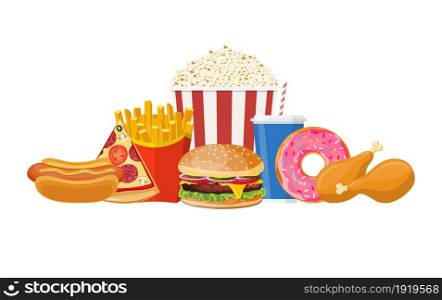 Fast food isolated on white background. Fast food hamburger dinner and restaurant, tasty set fast food many meal and unhealthy fast food classic nutrition. Vector illustration in flat style. Colorful Fast food