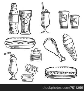 Fast food isolated sketch icons of hot dogs, soda, chicken leg, milkshakes with cherries, cake, ice cream cone, paper cups of coffee, sauce containers. For cafe and takeaway food restaurant design. Fast food with dessert and drinks sketch icons