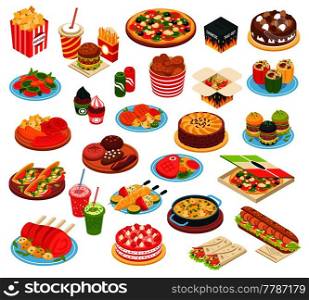 Fast food isometric icons set with pizza grilled potato hamburger  hot dog cake and other meals of quick cooking isolated vector illustration.  Fast Food Isometric Set