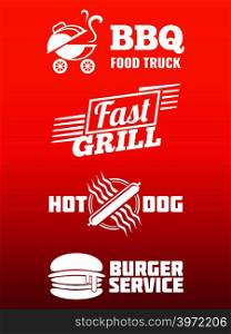 Fast food labels collection - bbq, fast food and burger banner design. Emblem fast food grill. Vector illustration. Fast food labels collection - bbq, fast food and burger banner design
