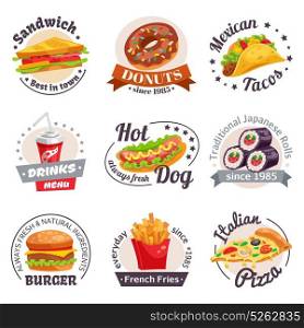 Fast Food Labels Set. Fast food set of labels with burgers hotdogs japanese rolls drinks and design elements isolated vector illustration