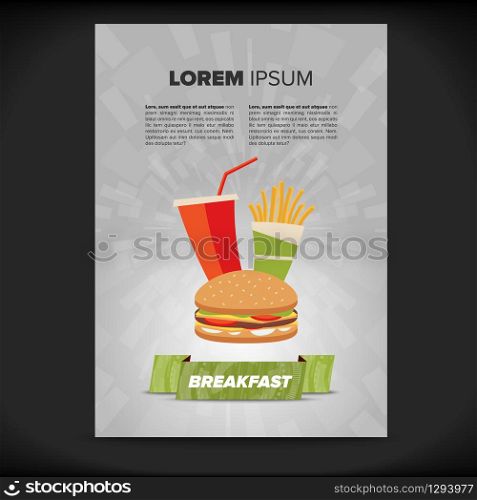 Fast food leaflet design with burger and beverage and fries. Fast food leaflet design