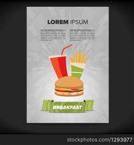 Fast food leaflet design with burger and beverage and fries. Fast food leaflet design
