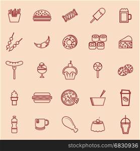 Fast food line color icons on brown background, stock vector
