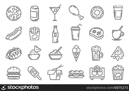 Fast food line icons. Cafeteria snack, sandwich, drink, pizza, hamburger and hotdog. Outline takeaway dishes and cafe menu symbol vector set. Ice cream and french fries, asian noodles. Fast food line icons. Cafeteria snack, sandwich, drink, pizza, hamburger and hotdog. Outline takeaway dishes and cafe menu symbol vector set
