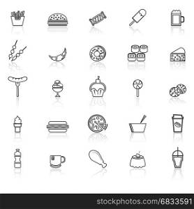 Fast food line icons with reflect on white background, stock vector