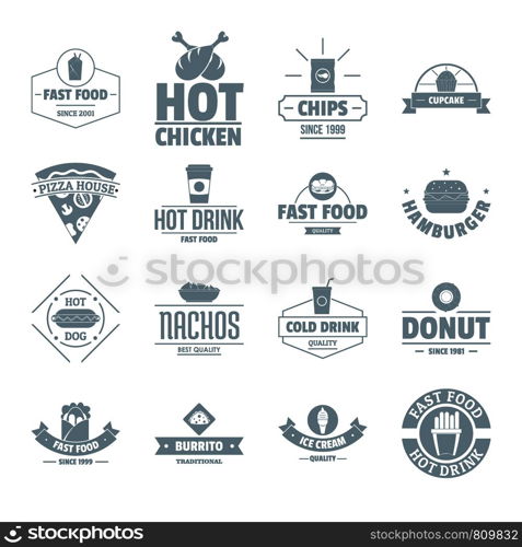 Fast food logo icons set. Simple illustration of 16 fast food logo vector icons for web. Fast food logo icons set, simple style