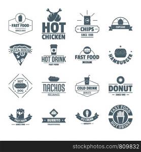 Fast food logo icons set. Simple illustration of 16 fast food logo vector icons for web. Fast food logo icons set, simple style