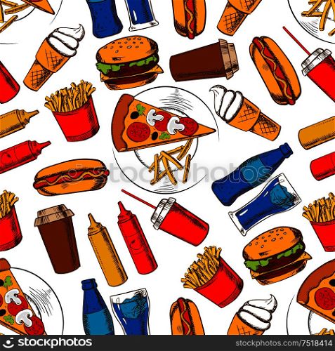 Fast food lunch background with seamless pattern of cheeseburger, hot dog, pizza, bottle and takeaway cup of soda, french fries, coffee cup, ice cream, ketchup and mustard sauce. Fast food lunch seamless pattern background
