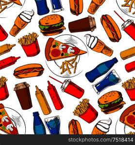 Fast food lunch background with seamless pattern of cheeseburger, hot dog, pizza, bottle and takeaway cup of soda, french fries, coffee cup, ice cream, ketchup and mustard sauce. Fast food lunch seamless pattern background