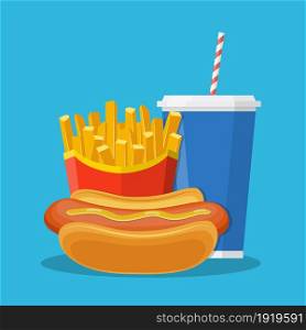 Fast food lunch with french fries, hot dog and soda takeaway. Vector illustration in flat style. Fast food lunch