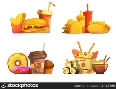 Fast Food Meal Retro Cartoon Set . Fast food restaurant meals menu 4 samples square composition with taco and sushi cartoon retro isolated vector illustration