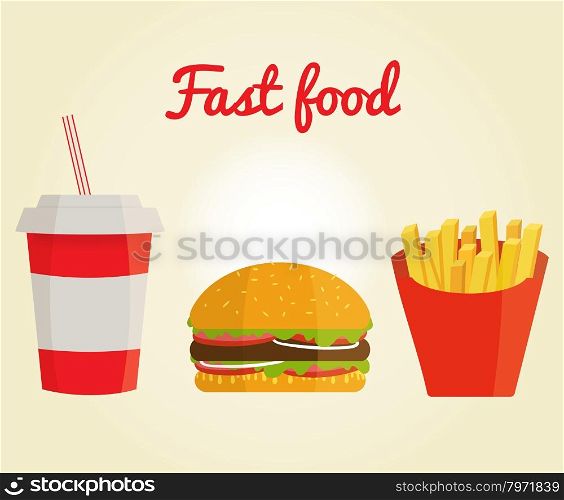 Fast food menu banner in flat style, horizontal templates design. Banner with french fies, burger and soda water.