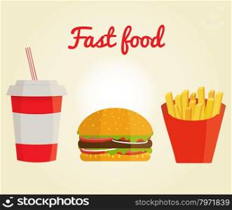 Fast food menu banner in flat style, horizontal templates design. Banner with french fies, burger and soda water.