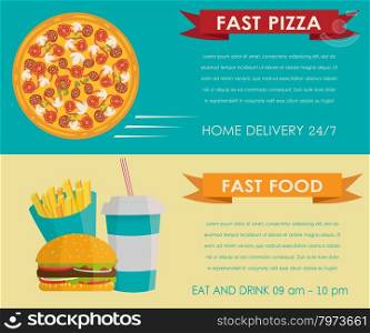 Fast food menu banner in flat style, horizontal templates design. Banner with french fies, burger, pizza and soda water.