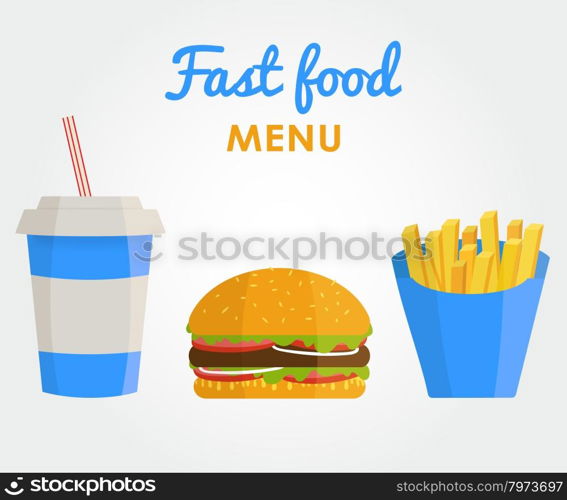 Fast food menu banner in flat style, horizontal templates design. Banner with french fies, burger and soda water.