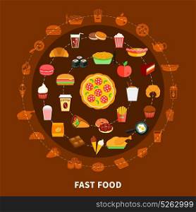 Fast Food Menu Circle Composition Poster. Fast food menu icons circle composition with salami pizza center on chocolate brown background poster vector illustration