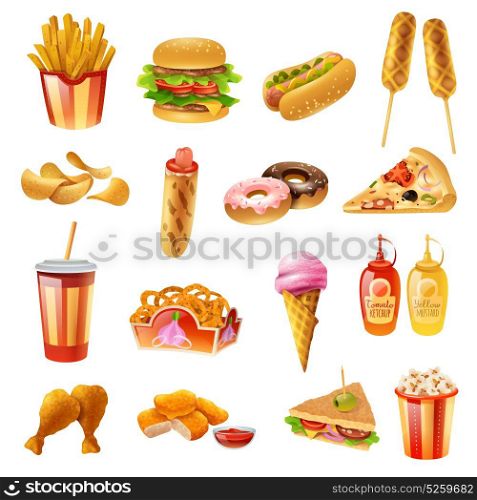Fast Food Menu Colorful Icons Set . Fast food restaurant menu colorful icons collection with hotdog pizza chicken drumsticks ketchup and milkshake isolated vector illustration