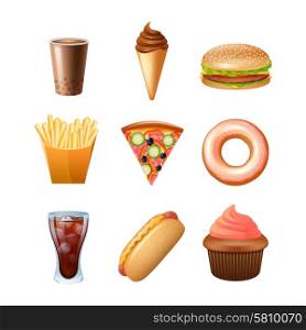 Fast food menu flat icons set. Fast food restaurant menu icons collection with donut cupcake and double cheeseburger abstract color isolated vector illustration