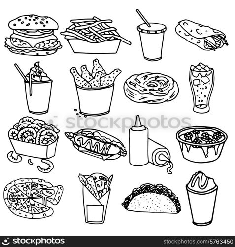 Fast food menu icons set with hamburger chips hotdog black outline symbols emblems sketch isolated vector illustration