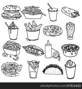 Fast food menu icons set with hamburger chips hotdog black outline symbols emblems sketch isolated vector illustration
