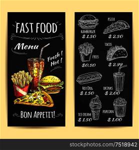 Fast food menu poster. Chalk sketch icons on blackboard. Snacks and drinks description and price label. Vector elements of fries, hamburger, drinks, pizza, hot dog, popcorn, ice cream, tacos. Fast food menu poster. Chalk sketch on blackboard
