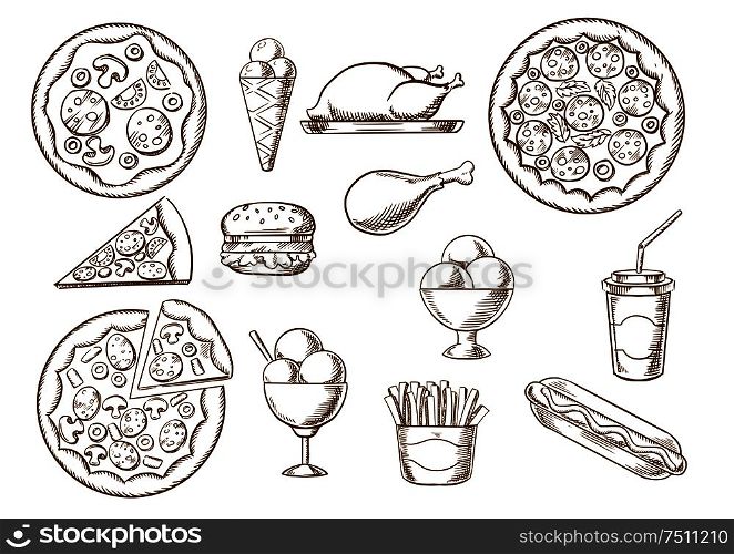 Fast food menu sketches of pizza with different toppings, french fries box, hamburger and hot dog, fried chicken, ice cream cone and sundae desserts, soda paper cap. Vector takeaway food sketches set. Fast food, drink and desserts sketches