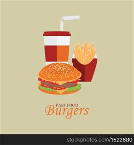 Fast Food menu with cheeseburger, french fries and cola , food and drinkl vector illustration.