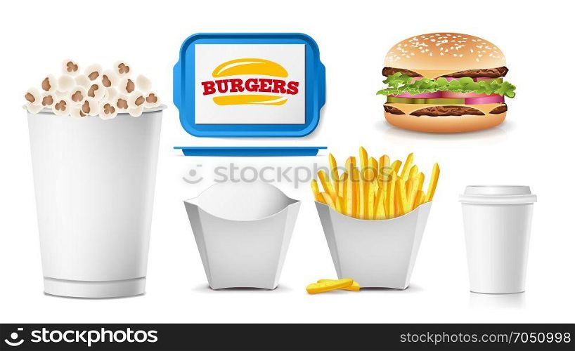 Fast Food Mock Up Set Vector. White Clean Blank. Template For Branding Design. Fast Food Packaging. Isolated On White Illustration. Fast Food Mock Up Set Vector. White Clean Blank. Template For Branding Design. Fast Food Packaging. Isolated On White