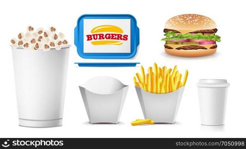 Fast Food Mock Up Set Vector. White Clean Blank. Template For Branding Design. Fast Food Packaging. Isolated On White Illustration. Fast Food Mock Up Set Vector. White Clean Blank. Template For Branding Design. Fast Food Packaging. Isolated On White