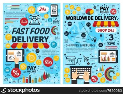 Fast food online delivery line art poster. Vector internet fastfood restaurant or worldwide delivery shop service on smartphone or mobile tablet, sushi or hot dogs, burgers or sandwiches and desserts. Fast food burgers and snacks online delivery