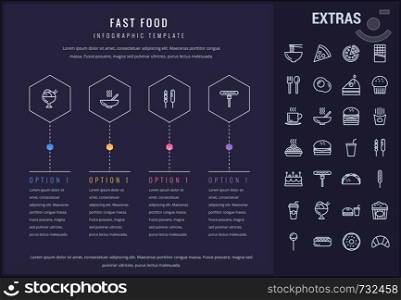 Fast food options infographic template, elements and icons. Infograph includes line icon set with fast food, pizza, sweet snacks, restaurant meal, unhealthy nutrition, kitchen utensils, taco etc.. Fast food infographic template and elements.