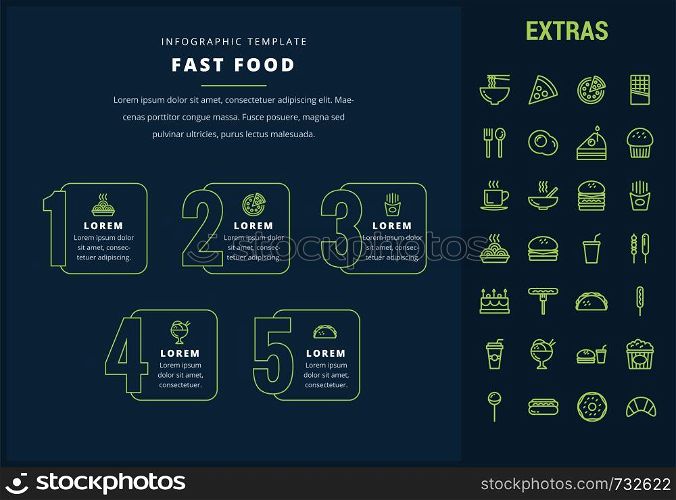 Fast food options infographic template, elements and icons. Infograph includes line icon set with fast food, pizza, sweet snacks, restaurant meal, unhealthy nutrition, kitchen utensils, taco etc.. Fast food infographic template and elements.