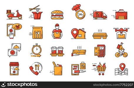 Fast food order and delivery line icons with drone, car, bike and bicycle couriers, map, takeaway coffee and pizza. Fast food restaurant meals phone order, pay and delivery service outline pictograms. Fast food order and delivery service line icons