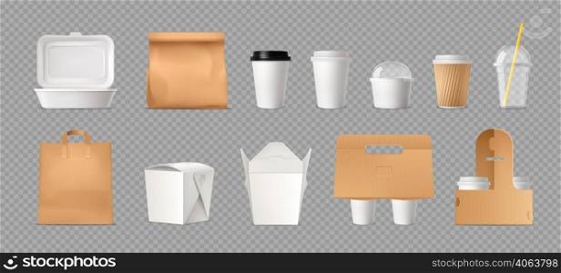 Fast food package transparent set with paper bags and boxes and plastic cups realistic vector illustration. Fast Food Package Transparent Set
