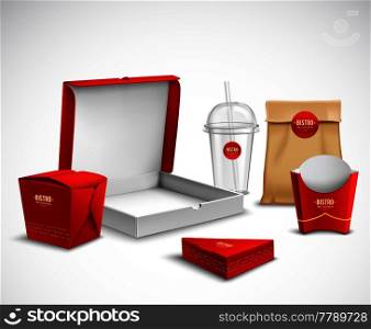 Fast food packaging corporate identity realistic templates samples set red white natural with pizza box vector illustration. Packaging Fast Food Realistic Set