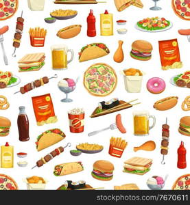 Fast food pattern background of burgers, sandwiches and pizza, vector seamless fastfood. Hamburgers, drinks and hot dog meals menu, desserts and fries, cheeseburger, sushi, tacos and burritos pattern. Fast food pattern background, burgers, sandwiches