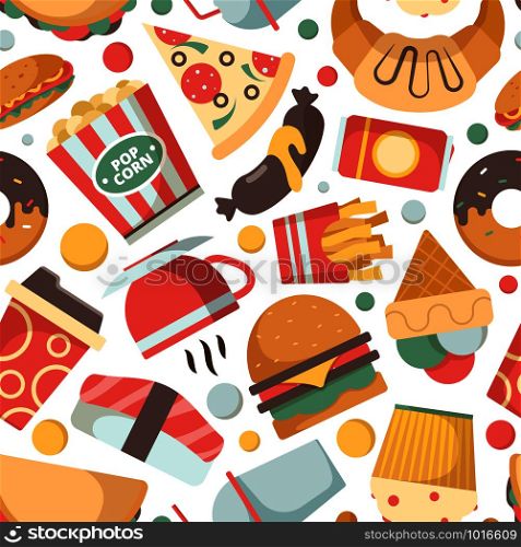 Fast food pattern. Restaurant menu pictures pizza hamburger ice cream sandwich cold drinks snack vector seamless background. Seamless fast food pattern, burger sandwich and pizza illustration. Fast food pattern. Restaurant menu pictures pizza hamburger ice cream sandwich cold drinks snack vector seamless background