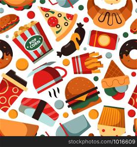 Fast food pattern. Restaurant menu pictures pizza hamburger ice cream sandwich cold drinks snack vector seamless background. Seamless fast food pattern, burger sandwich and pizza illustration. Fast food pattern. Restaurant menu pictures pizza hamburger ice cream sandwich cold drinks snack vector seamless background