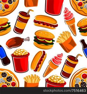 Fast food pattern with hamburgers, hot dogs and pizza, soda and coffee drinks, french fries and popcorn, fried chicken legs and strawberry ice cream cones. Fast food, drinks and dessert pattern